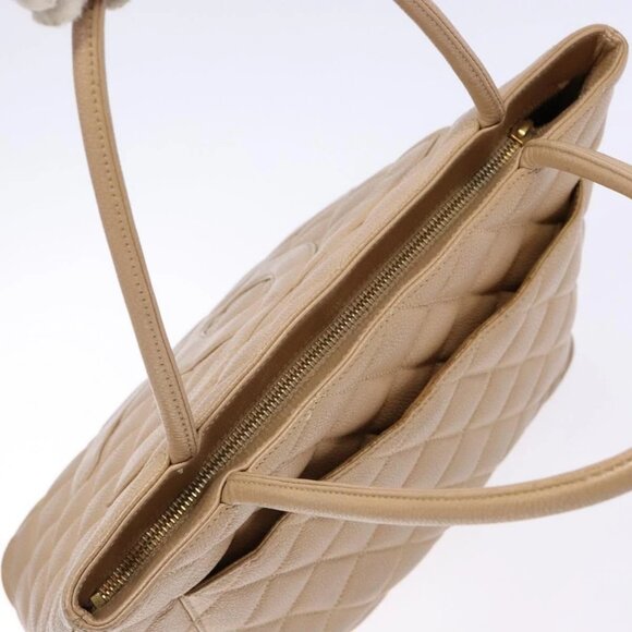 CHANEL Matelasse Reprint Tote Bag Grained Calf Skin Beige Gold CC Auth - Picture 6 of 16